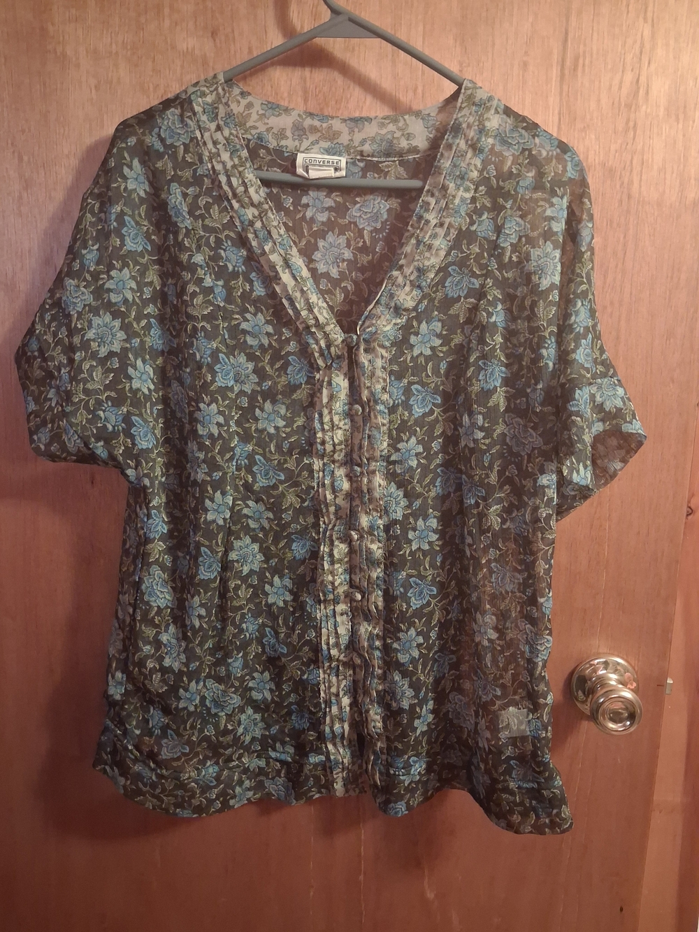 Converse Black Sheer Floral V-Neck Blouse with Blue Flowers